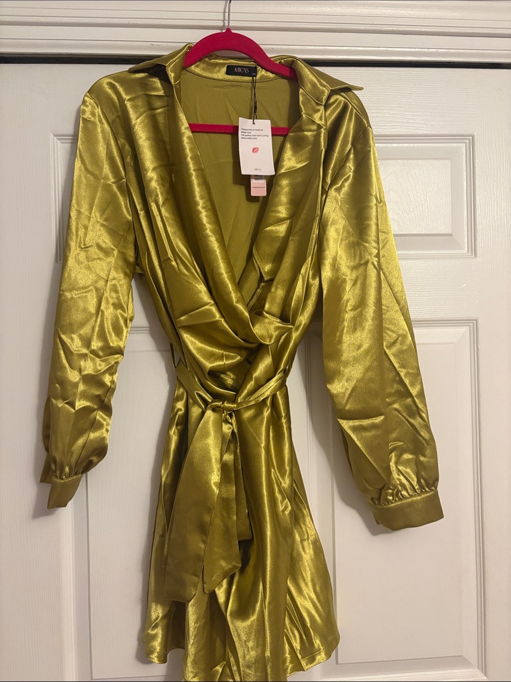 MICAS Satin Wrap Dress in Olive Green